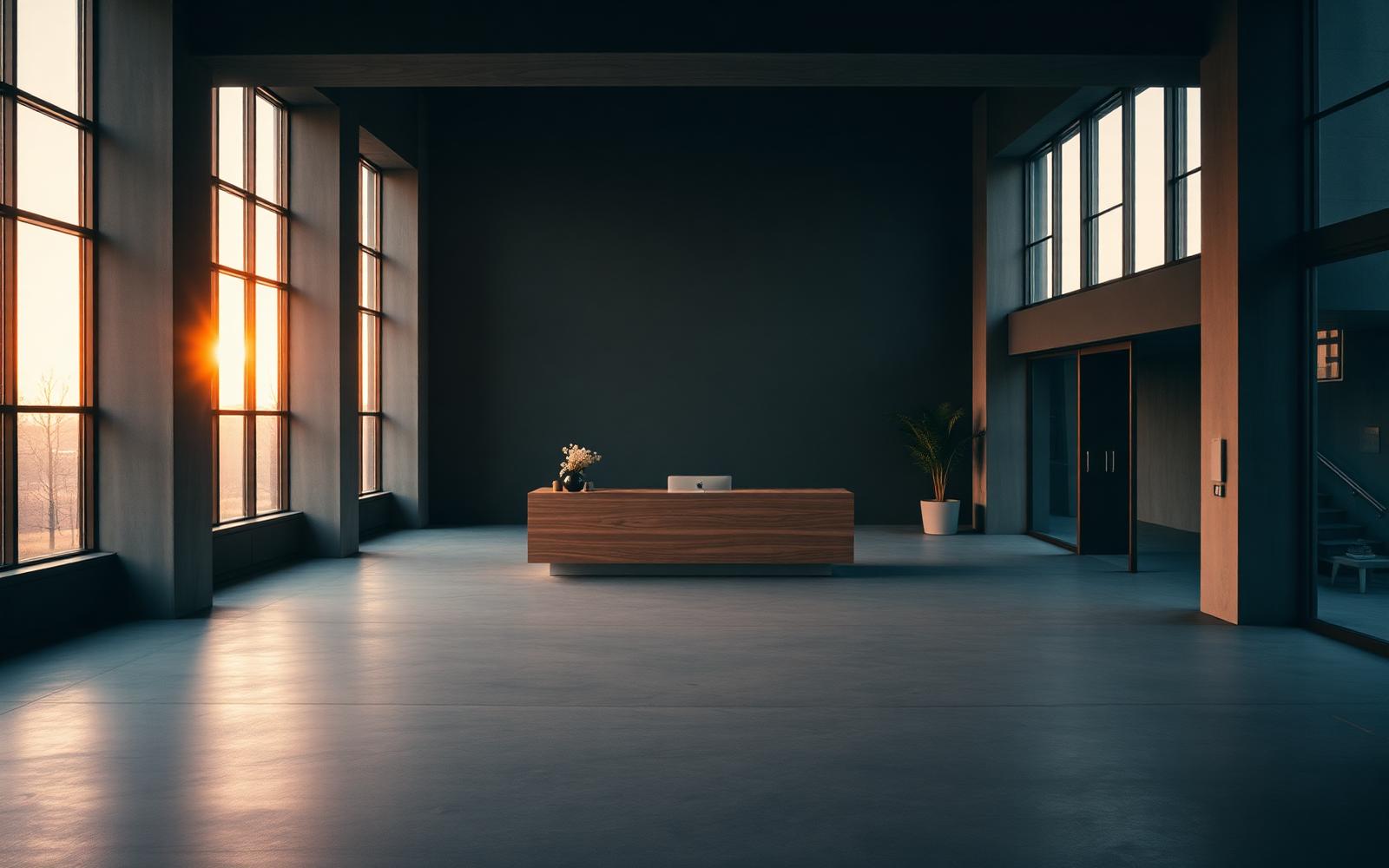 Recepción minimalista de un estudio nórdico al atardecer