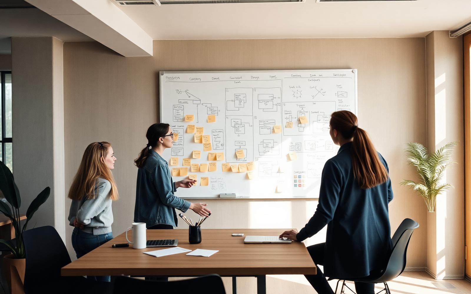Equipo diseñando frente a un pizarrón con diagramas y notas adhesivas